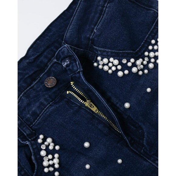 Women's High Rise Skinny Jeans Cotton Stretch Pearl Rhinestones Casual Dressy - Picture 6 of 8